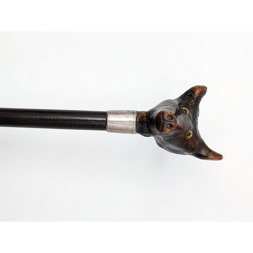 273 - Antique Black Forest Silver Collared Double Fox Headed Walking Cane With Glass Eyes, Very Unusual!