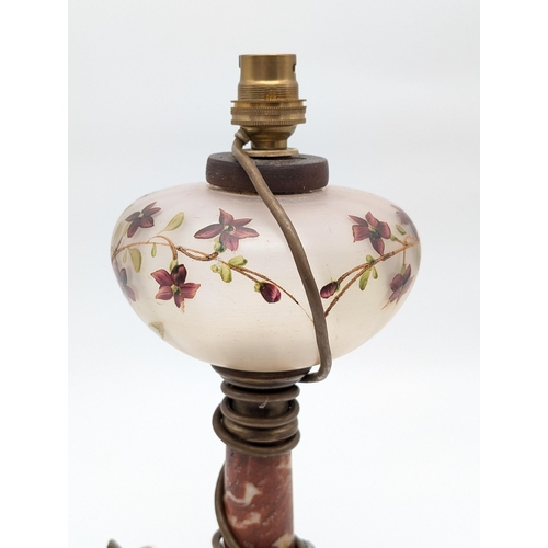 276 - Vintage Brass, Onyx and Glass Table Lamp With Hand Painted Bowl Oil Lamp Style. 32cm