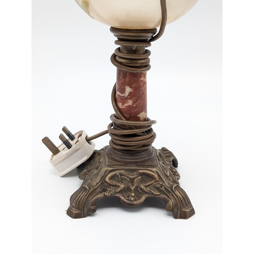 276 - Vintage Brass, Onyx and Glass Table Lamp With Hand Painted Bowl Oil Lamp Style. 32cm