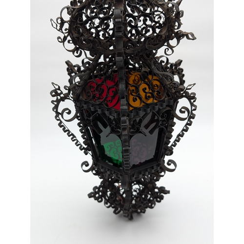 282 - Impressive Likely French iron Hanging Lantern With Multicoloured Glass and Impressive Scroll Work 20... 