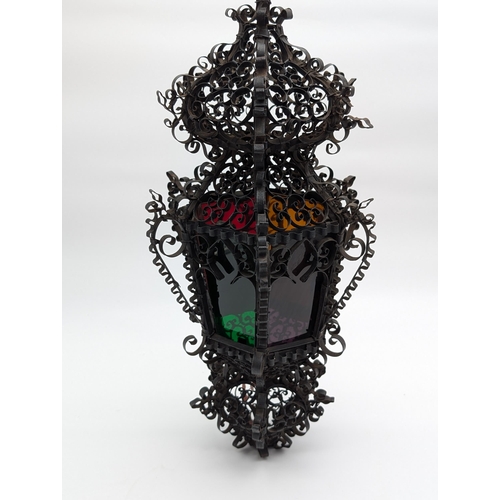 282 - Impressive Likely French iron Hanging Lantern With Multicoloured Glass and Impressive Scroll Work 20... 