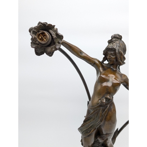 288 - Fabulous Art Nouveau / Deco Bronze Newel Post Figural Lamp, Depicting Nude Figure Holding Two Large ... 