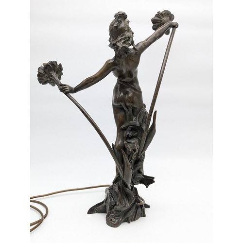 288 - Fabulous Art Nouveau / Deco Bronze Newel Post Figural Lamp, Depicting Nude Figure Holding Two Large ... 