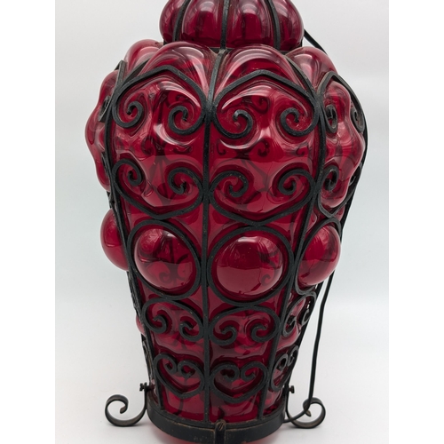 294 - Excellent Caged Cranberry Glass Table Lamp, Excellent Condition 16