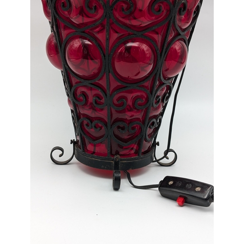 294 - Excellent Caged Cranberry Glass Table Lamp, Excellent Condition 16