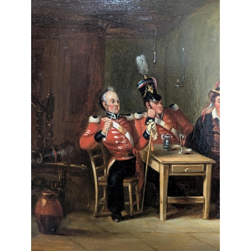 316 - 19th century English School, interior scene with soldiers, oil on wood panel, unsigned, 10