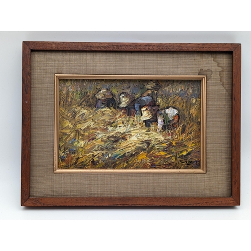 319 - Vintage Oil On Board, Workers In A Ricefield / Pickers. Excellent Signed Lower Right Indistinct 31x2... 