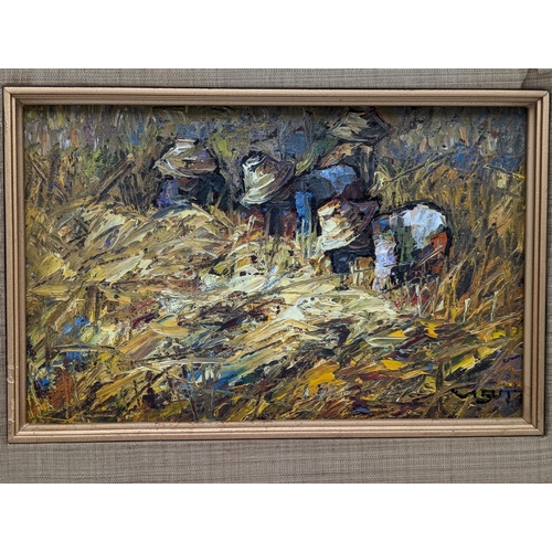 319 - Vintage Oil On Board, Workers In A Ricefield / Pickers. Excellent Signed Lower Right Indistinct 31x2... 