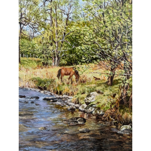 321 - Impressive Sheila Morley Oil On Board, Landscape Scene With Horse Grazing By a River. Local Interest... 