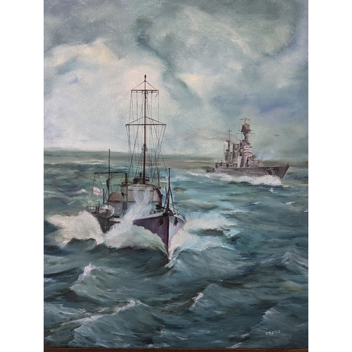 324 - Large Attractive Oil On Canvas Of Two British Naval Ships In Choppy Seas, Excellent Condition Well F... 