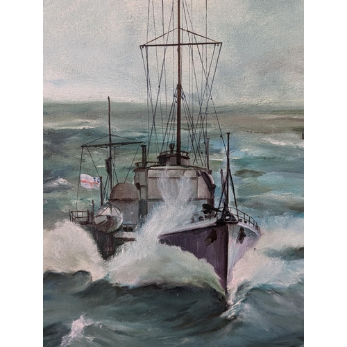 324 - Large Attractive Oil On Canvas Of Two British Naval Ships In Choppy Seas, Excellent Condition Well F... 