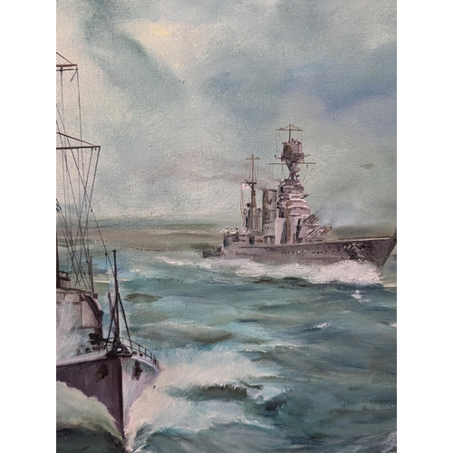 324 - Large Attractive Oil On Canvas Of Two British Naval Ships In Choppy Seas, Excellent Condition Well F... 