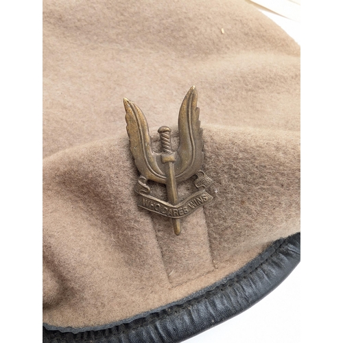 338 - SAS Who Dares Wins Beret With Original Brass Badge, Plus Good Selection of Military Photographs