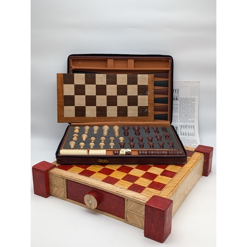 377 - Vintage Chess / Draughts Set In Leather Case. With Large Handmade Matchstick Chessboard 40x40cm