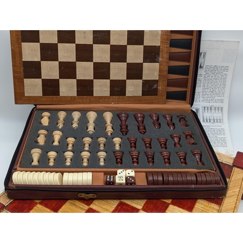 377 - Vintage Chess / Draughts Set In Leather Case. With Large Handmade Matchstick Chessboard 40x40cm