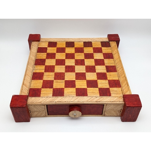 377 - Vintage Chess / Draughts Set In Leather Case. With Large Handmade Matchstick Chessboard 40x40cm