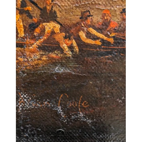 319A - Brian Coole (1939 - 2022) Naval Battle scene oil on canvas unframed with some history of the artist ... 