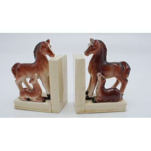 64 - Pair Vintage Bookends to Include Alabaster Horse Pair - Ceramic Horse and Foal Pair, Both have had P... 