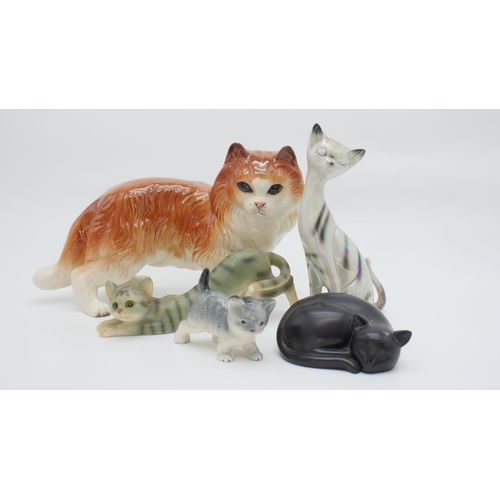 75 - Group (5) Ceramic / Porcelain Cat Figures - Largest 24x15cm