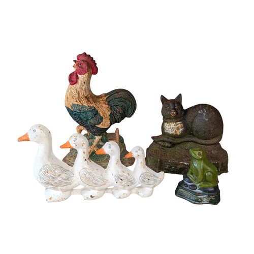 4 - Group (6) Cast iron Door Stops, Largest 25cm, Cockerel, Cat Duck Frog Etc