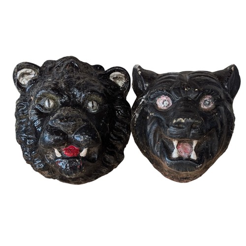 9 - Pair Heavy Stone Lion & Lioness Face Wall Hanging Garden Figurines 20x20cm Appx