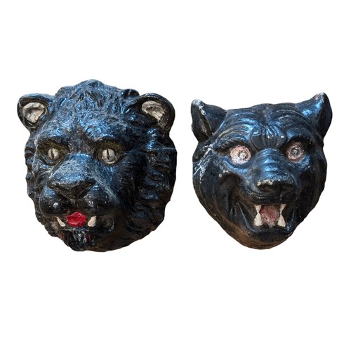 9 - Pair Heavy Stone Lion & Lioness Face Wall Hanging Garden Figurines 20x20cm Appx