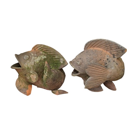 10 - Large Weathered Terracotta Fish Pair Garden Ornaments, Some Minor Losses But Display Well 40x30cm