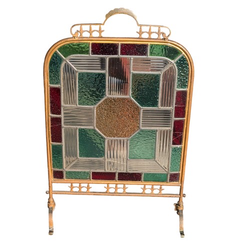 48 - Victorian Leaded & Stain Glass Fire Screen Brass / Copper, Good Condition Couple Cracks to Pains 48x... 