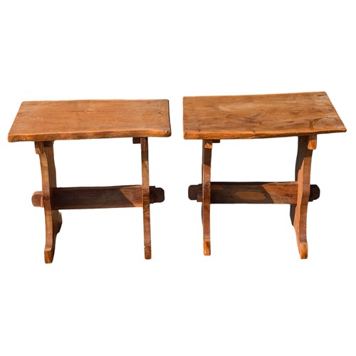 34 - Pair Handmade Oak Stretcher Side Tables, Both Unique But Matching Appx Size 50x30x50cm