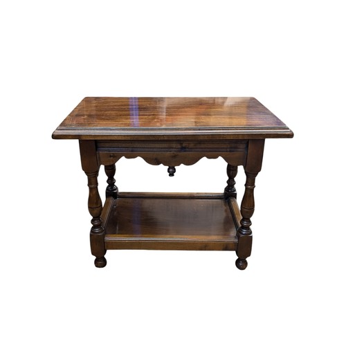 27A - Mahogany Well Made Size Table With Carved Finials and Turned Legs, Plus Lower Shelf. 40x65x50cm