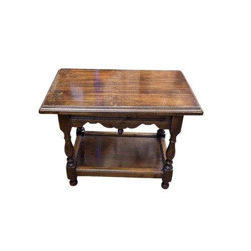 27A - Mahogany Well Made Size Table With Carved Finials and Turned Legs, Plus Lower Shelf. 40x65x50cm