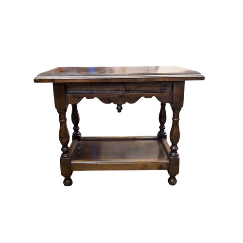 27A - Mahogany Well Made Size Table With Carved Finials and Turned Legs, Plus Lower Shelf. 40x65x50cm