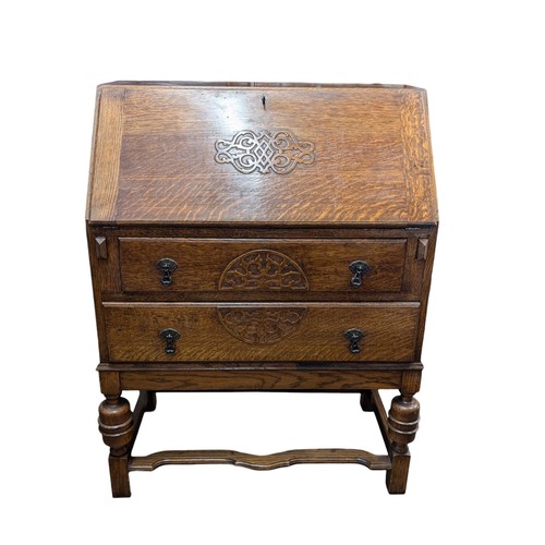 36 - Vintage Bureau - Two drawer With Carved Decoration To Front, Drop Leaf Sticky 75x110cm