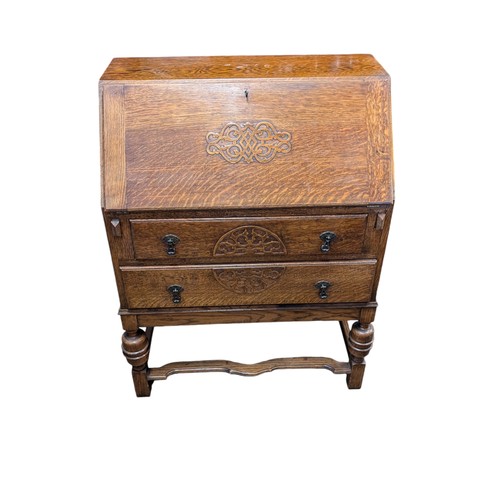 36 - Vintage Bureau - Two drawer With Carved Decoration To Front, Drop Leaf Sticky 75x110cm