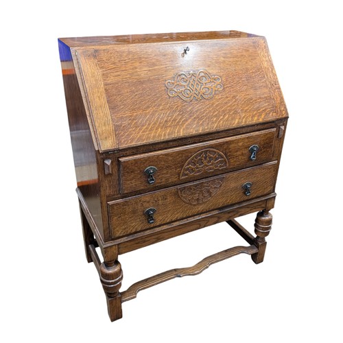 36 - Vintage Bureau - Two drawer With Carved Decoration To Front, Drop Leaf Sticky 75x110cm