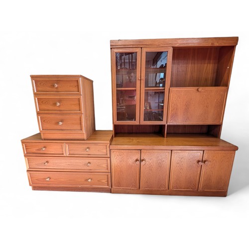 42 - Mid Century Teak Furniture, 3 Drawer Bedside, 4 Drawer Chest Plus 3 Door Display Cabinet. Believed T... 