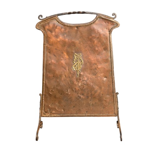 46 - Arts & Crafts Copper Fire Screen With Cast iron Legs, Age Typical Marks 44x70cm