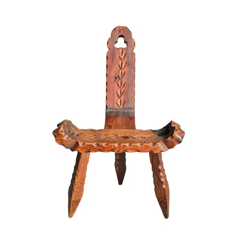 14 - Spanish Brutalist Tripod Birthing Chair / Milking Stool, Well Carved Design With Period Ironwork 50x... 