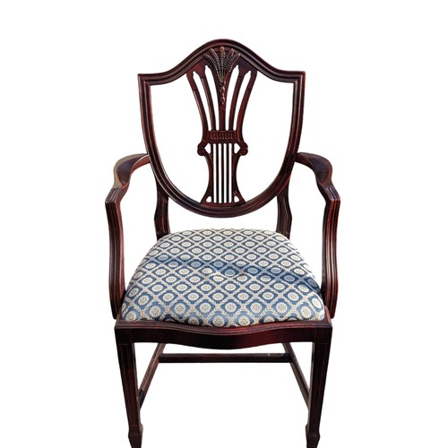 44 - 6 Reproduction Mahogany Shield back Dining Chairs, With Wheatsheaf / Harp Design Excellent Blue Flor... 