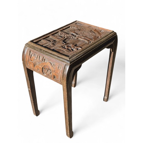 40 - Reproduction Chinese Carved Side Table With Chinese Scene To Top and Sides - 56x35x62cm