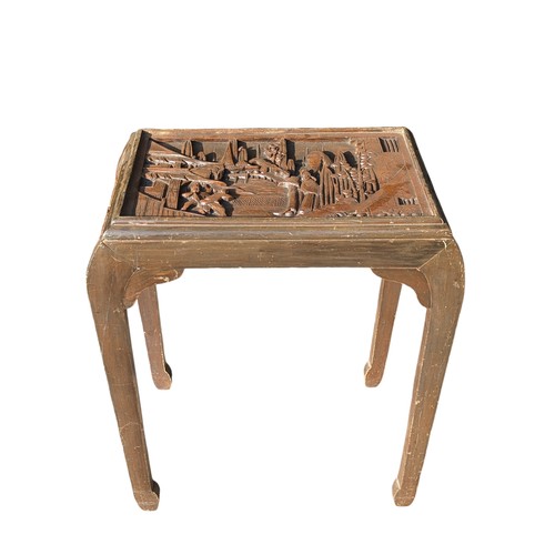 40 - Reproduction Chinese Carved Side Table With Chinese Scene To Top and Sides - 56x35x62cm