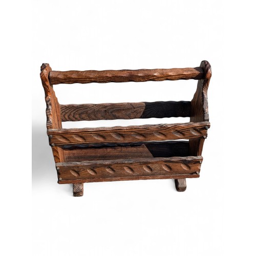 53 - Hand carved Magazine Rack With Cast Iron Metalwork, 47x17x45cm