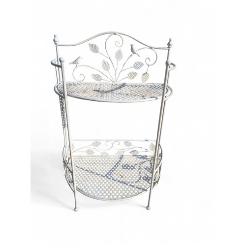 54 - Attractive White Metal Folding Plant Stand With Bird & Leaf Design and Scrollwork 55x34x78cm