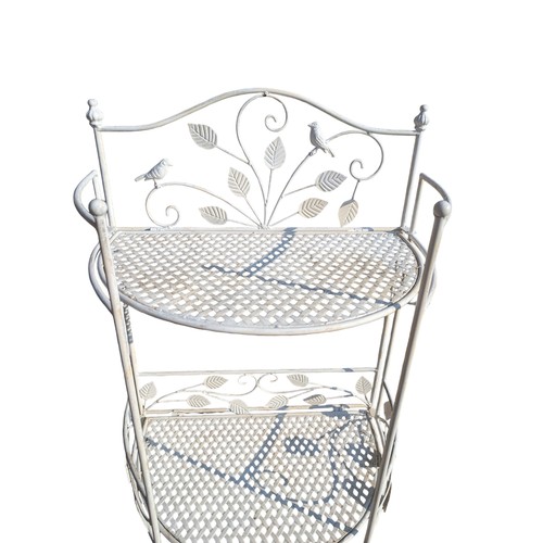 54 - Attractive White Metal Folding Plant Stand With Bird & Leaf Design and Scrollwork 55x34x78cm