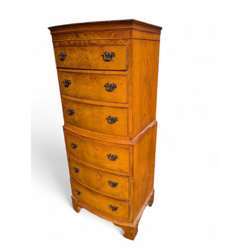 55 - Reproduction Georgian Burr Walnut Tallboy, 6 Drawers. In Overall Good Condition 53x41x153cm