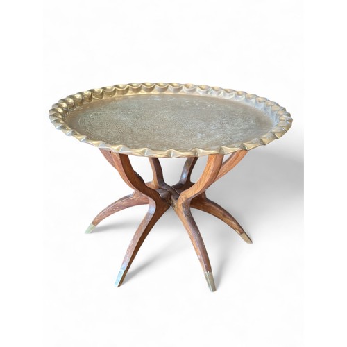 23A - Vintage Moroccan Style Coffee Table with Curved Legs and Repoussé Brass Top Appx 29