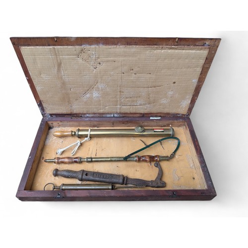 23 - Large Wooden Box Containing Vintage Sprayers Plus Vintage Iron Nail Puller