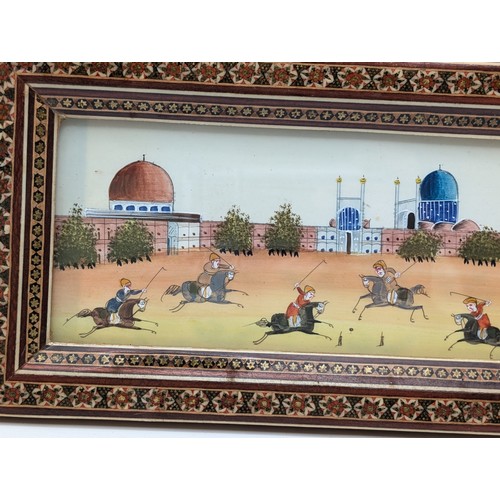 302 - Unusual20C Persian Figural Painting With Attractive Khatam Inlaid Frame 29x14cm