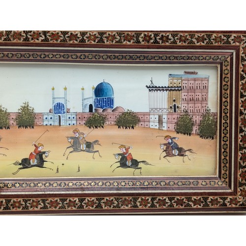 302 - Unusual20C Persian Figural Painting With Attractive Khatam Inlaid Frame 29x14cm