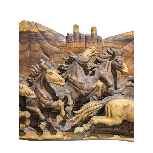 326 - Huge & Impressive Acacia / Teak Hand Carved Mustang High Relief Sculpture Wall Plaque With Grand Can... 